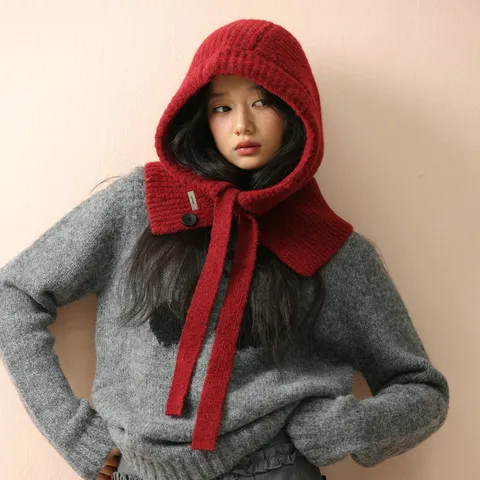 Koreanische Winter Gestrickte Sturmmütze Für Damen Integrierter Kapuzenschal Ohrenschutz Warm Rippenstrick Kordelzug Strickhaube Mütze