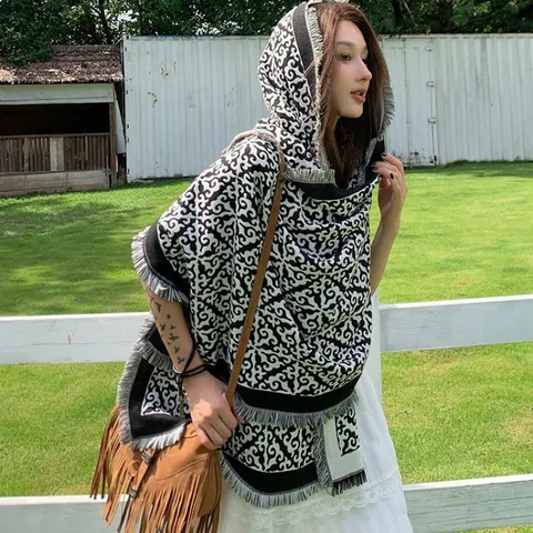 Ethno Geometrisches Totem Fransen Langer Schal Weich Warm Kaschmir Imitat Shawl Wrap Unisex Winter Quasten Schals