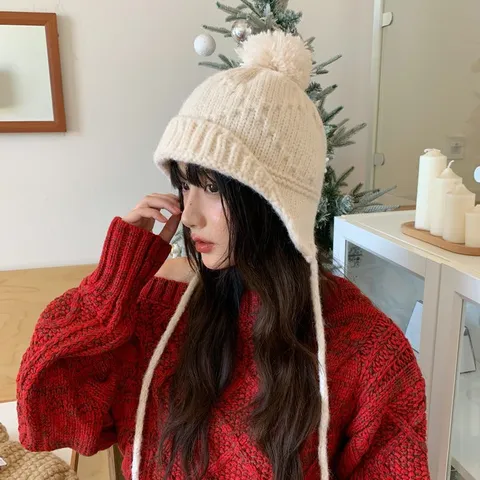 Damen Winter Warm Strickmütze Lässig Gemütlich Bommel Ohrenklappenbänder Flauschige Beanie Dick Weich Thermisch Außenbereich Ohrenschutz Kappe