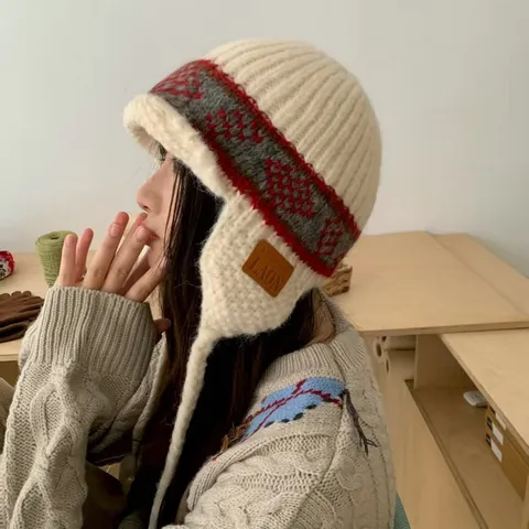 Berretto in Maglia Fair Isle con Paraorecchie da Donna Caldo Berretto da Cacciatore Invernale Motivo Geometrico Vintage Protezione dal Freddo