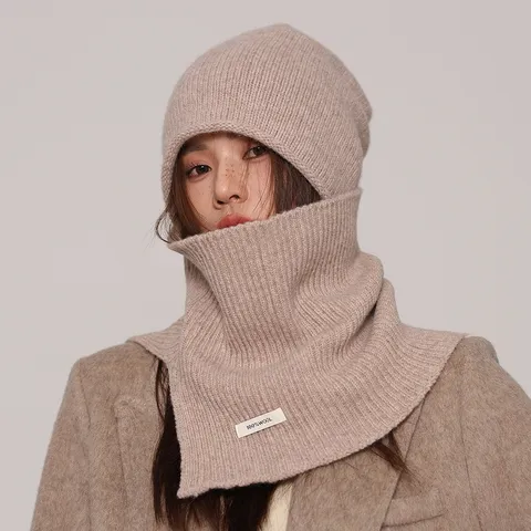 Mujeres Invierno Pura Lana Gorro Tejido Y Bufanda Conjunto Estilo Coreano Color Sólido Cálido Gorro Y Babero Accesorios Combinados