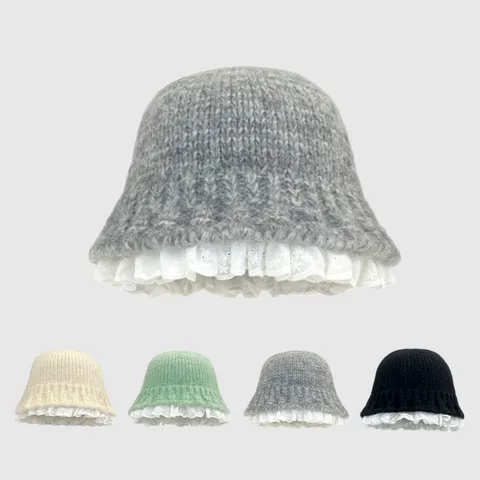 Chapeau de Pêcheur en Tricot pour Femmes Hiver Chaud Bucket Hat Coton Crochet Bordure en Dentelle Casual Couleur Unie Coup de Tête Mode
