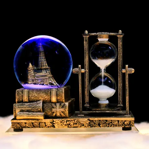 Resin Eiffel Tower Crystal Ball Hourglass Water Globe Musical Night Light Desktop Ornament Home Office Decor