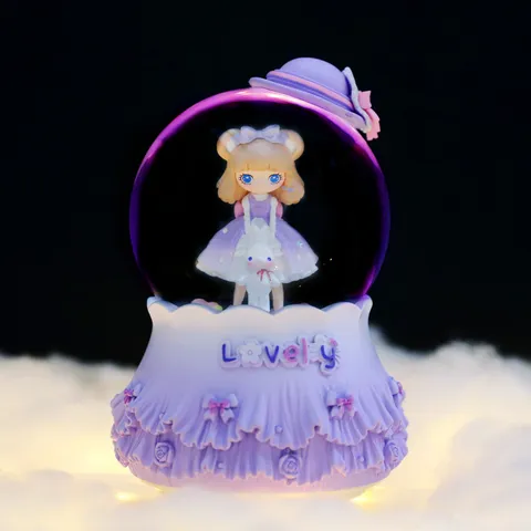 Cartoon Lolita Girl Crystal Ball Music Box Rotating Snowfall Glowing Luminous Night Light Desktop Ornament Cute Birthday Gift For Kids Home Decorative Resin Glass Tabletop Table Accents