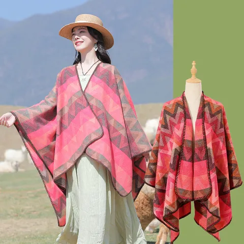 Women Ethnic Style Colorful Wave Pattern Open Split Cape Cloak Thickened Warm Winter Shawl Fashion Outerwear