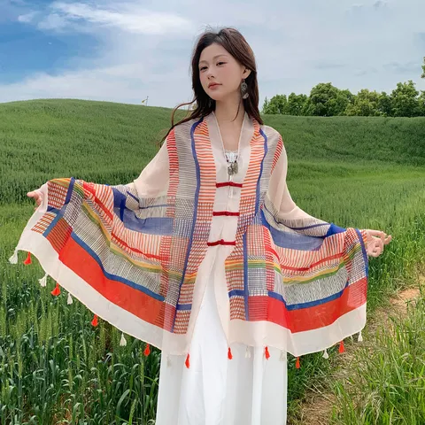 Damen Ethno Stil Vintage Froschknopf Druck Schal Sommer Strand Sonnenschutz Tuch Quasten Fransen Cape