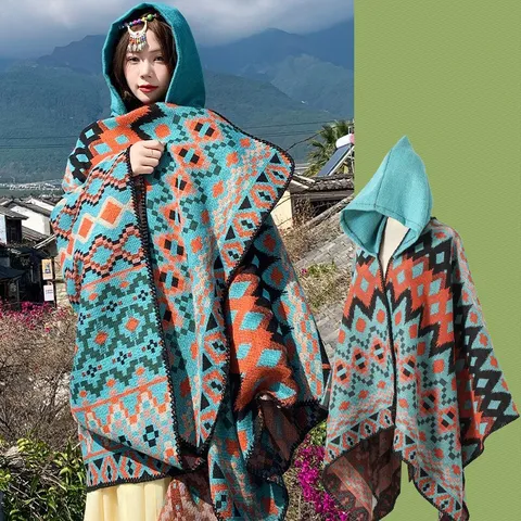 Ethnic Style Colorful Geometric Hooded Shawl Acrylic Artificial Wool Warm Outerwear Cape Scarf For Travel Outdoor
