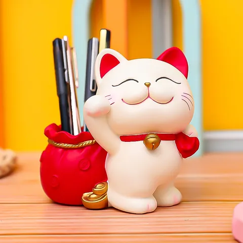 Creative Resin Lucky Cat Piggy Bank Pen Holder Cute Feng Shui Cat Desktop Storage Ornament Festive Home Decor Gift