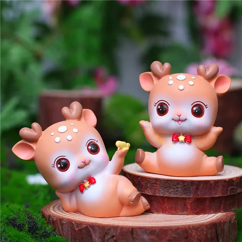 Cute Cartoon Resin Deer Car Ornament Miniature Fawn Tabletop Figurine Home Office Dashboard Decorative Statue Craft Gift