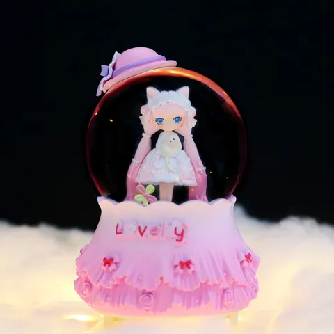 Cartoon Lolita Girl Crystal Ball Music Box Rotating Snowfall Glowing Luminous Night Light Desktop Ornament Cute Birthday Gift For Kids Home Decorative Resin Glass Tabletop Table Accents