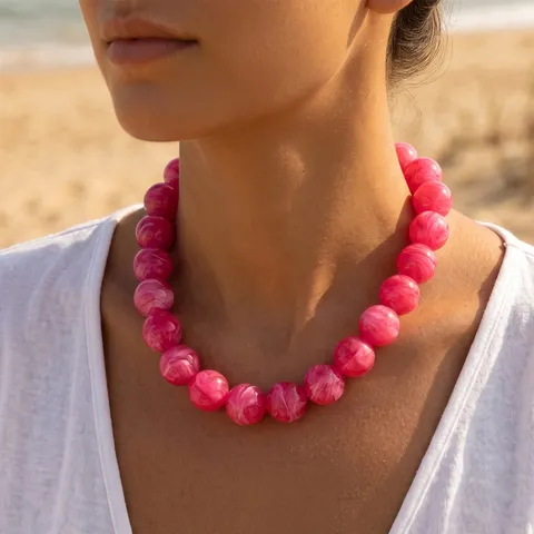 Exaggerated Round Resin Acrylic Bead Necklace For Women Gold Plated Copper Chunky Statement Necklace Dopamine Color Jewelry