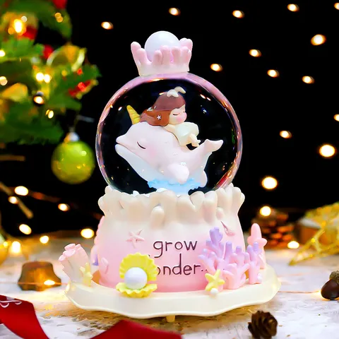 Creative Resin Glass Crystal Ball Music Box Rotating Snow Glowing Dolphin Girl Music Box Desktop Ornament Gift