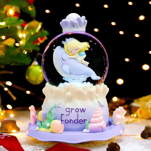 Creative Resin Glass Crystal Ball Music Box Rotating Snow Glowing Dolphin Girl Music Box Desktop Ornament Gift