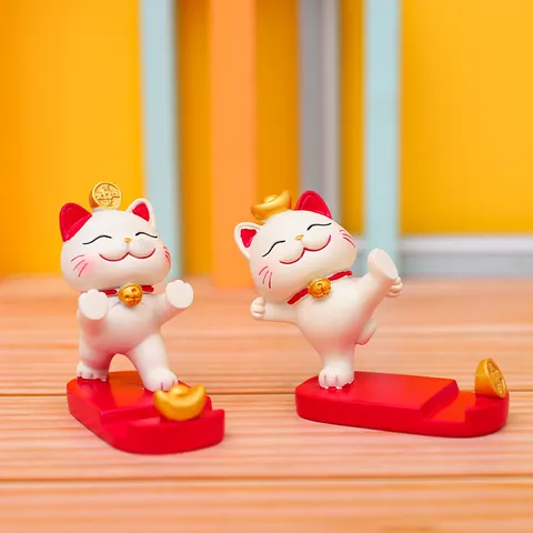 Cute Resin Lucky Cat Phone Holder Desktop Ornament Cartoon Animal Phone Stand For Home Office Decor And Gift