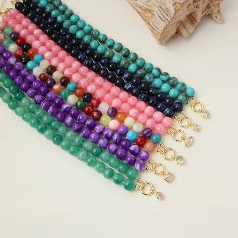 Bunte Acryl Harz Perlenkette Großer Zirkonia Anhänger Galvanisierte Kupferkette Böhmischer Schmuck Für Damen