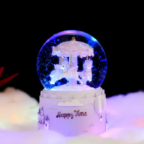 Rotating Carousel Music Box Snow Globe Resin And Glass Glowing Snowflake Crystal Ball Desktop Ornament For Birthday Gift Home Decor