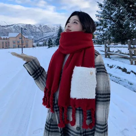Damen Winter Verdickt Imitat Kaschmir Tasche Schal Einfarbig Zopfmuster Warmer Schal Mit Taschen Quasten Mode Halstuch