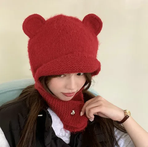 Süße Bärenohren Acryl Gestrickte Mütze Süße Pullover Warm Kälteschutz Ohrenklappenmütze Mit Metall Herzverzierung Für Damen