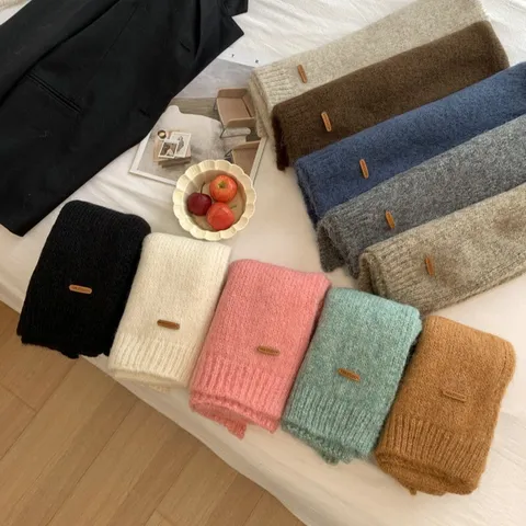 Weicher Einfarbiger Strickschal mit Lederetikett Alpaka Wollmischung Halswärmer für Herren Damen Winter Warmer Kaschmirimitat Schal