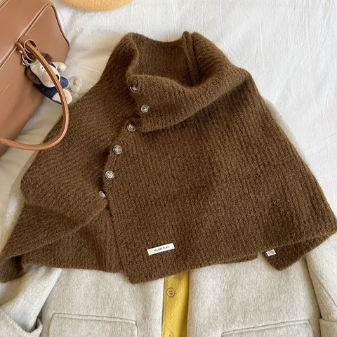 Damen Winter Stehkragen Strickschal Knöpfe Warmes Cape Weicher Zopfstrick Poncho Lässiger Einfarbiger Mantel Für Den Alltag Gemütlicher Umhang