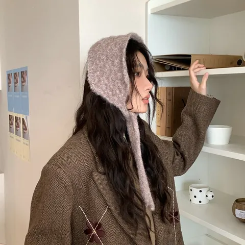 Koreanischer Stil Einfarbig Gestrickte Wolle Ohrenklappenmütze Warm Winter Ohrenschützer Wickeln Schnürung Beanie Mütze Für Unisex