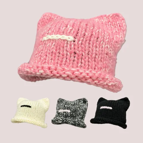 Cappello da Pescatore in Maglia Invernale da Donna con Orecchie di Gatto Caldo Filato Berretto Arrotolato Cappello Casual