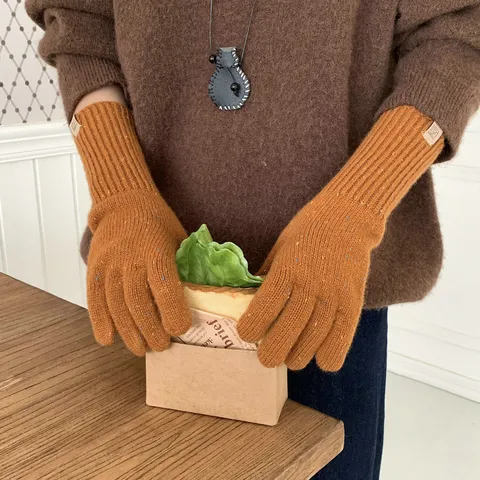 Damen Winter Lange Wollmischung Strickhandschuhe Mélange Warm Fingerhandschuhe Thermische Rippbündchen Fäustlinge Outdoor