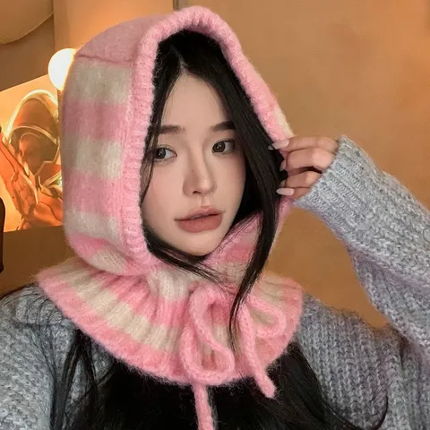 Women Striped Balaclava Hat Winter Warm Knit Beanie Hood Scarf Integrated Ear Protection Cap Cozy Pullover Outdoor Neck Warmer