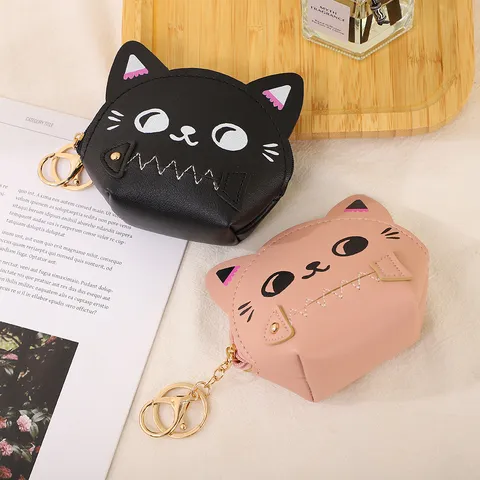 Cute Cartoon Cat Zipper Coin Purse PU Leather Mini Earphone Pouch Key Ring Bag Wallet For Girls Students Daily Storage