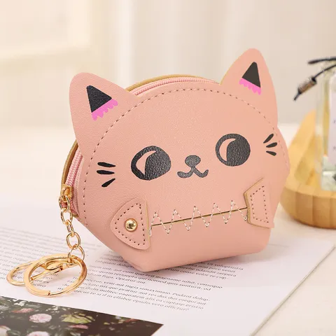 Cute Cartoon Cat Zipper Coin Purse PU Leather Mini Earphone Pouch Key Ring Bag Wallet For Girls Students Daily Storage