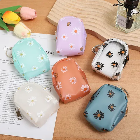 Women Cute Mini Backpack Shape Coin Purse Daisy Floral Printed PU Leather Portable Zipper Small Wallet Key Ring Bag