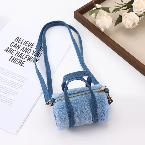 Mini Plush Crossbody Bag Cute Fuzzy Cylinder Shoulder Bag Fashion Casual Small Purse With Denim Strap For Women Girls
