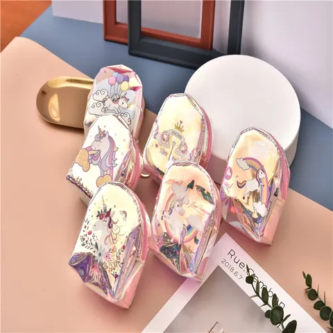 Minimalist PU Leather Laser Unicorn Coin Purse Cute Holographic Mini Backpack Shaped Wallet With Keychain Key Pouch
