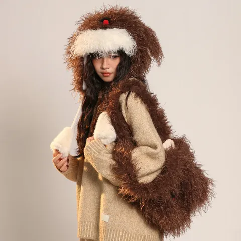 Fausses Fourrures Mignonne Forme de Chiot Chapeau à Rabat d'Oreille en Peluche Et Ensemble de Sac Bandoulière Hiver Chaud Résistant Au Froid Ensemble de Chapeau Pour Femmes