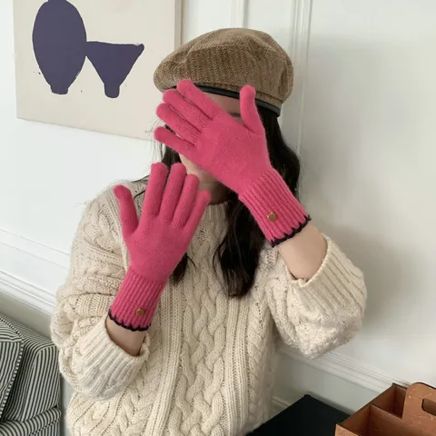 Women's Winter Warm Wool Blend Knit Gloves Touchscreen Color Block Contrast Binding Soft Thermal Stretch Gloves