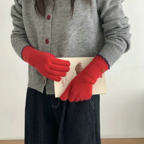 Women's Winter Warm Wool Blend Knit Gloves Touchscreen Color Block Contrast Binding Soft Thermal Stretch Gloves