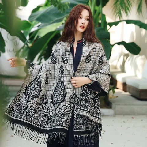Women's Winter Warm Scarf Vintage Plaid Paisley Cashmere Feel Shawl Long Tassel Blanket Wrap Outerwear Cape