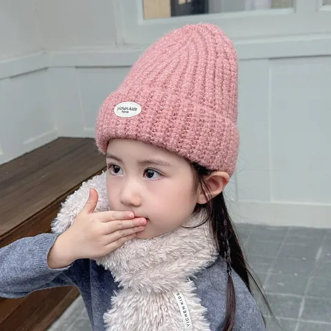 Chapeau Bonnet en Laine Tricotée Chaude pour Enfants Hiver Couleur Unie Mignon Patch Pullover Cap pour Garçons et Filles