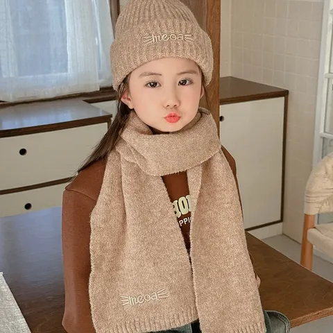 Kinder Winter Warm Gestrickte Wollmischung Mütze Und Schal Set Süße Buchstaben Stickerei Kaltes Wetter Beanie Schal