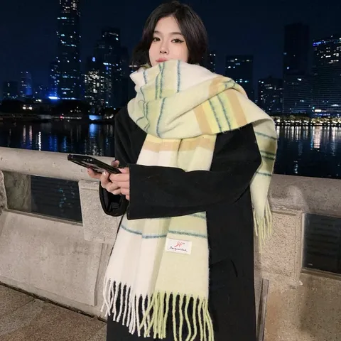 Bufanda de Cachemira Sintética Cálida de Invierno Chal con Borlas y Degradado de Bloques de Color Calentador de Cuello Casual de Moda para Mujeres