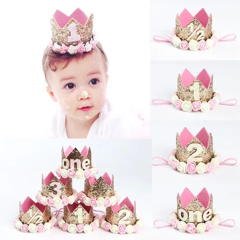 Diadema Corona de Cumpleaños Niños Tiara de Princesa con Lentejuelas y Flores Artificiales para Fiesta de Bebé Niña