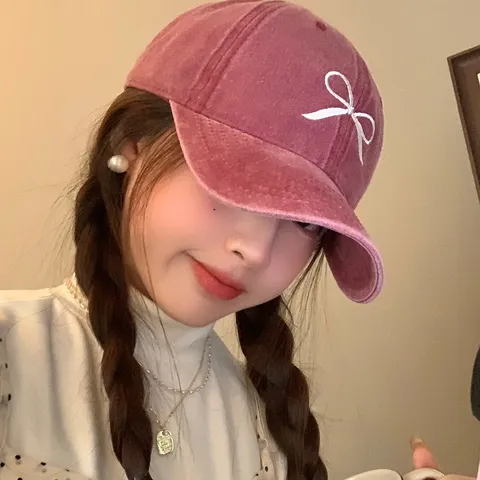 Casquette de Baseball Vintage Délavée pour Femmes avec Broderie Nœud Coton Large Bord Chapeau de Soleil Décontracté