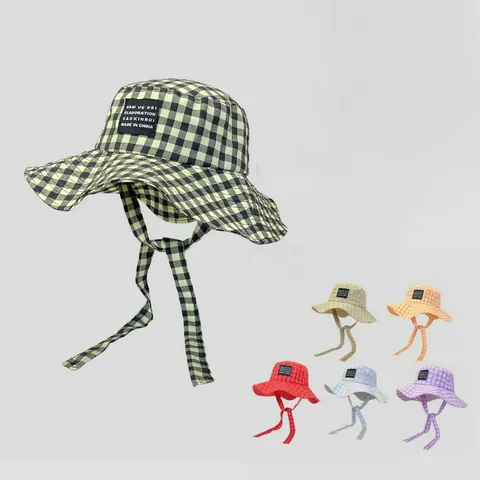 Dames Zomer Brede Rand Ruitjes Vissershoed Retro Casual Zonbescherming Vissershoed Met Winddichte Band