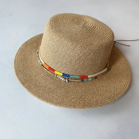Damen Ethno Flacher Kopf Strohhut Breite Krempe Sonnenschutz Beschattung Strand Urlaub Handgewebt Panama Stil Fedora Für Sommer