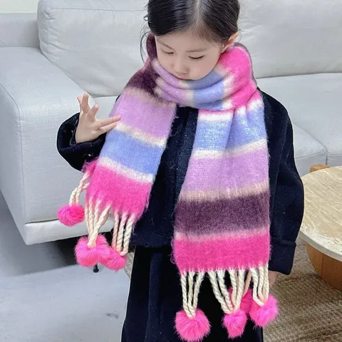 Dopamine Kleurrijke Gestreepte Kinder Sjaal Winter Warm Pompon Kwastje Polyester Jacquard Sjaal Voor Jongens Meisjes