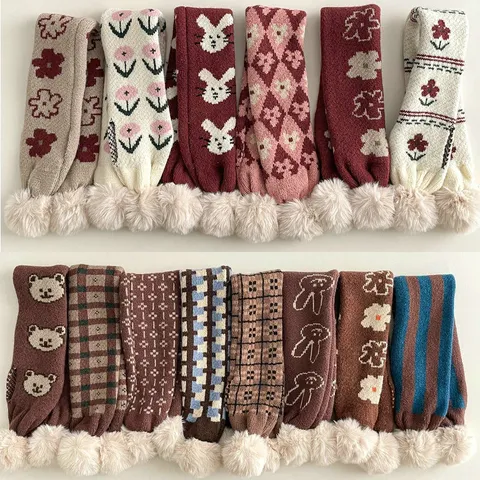 Kinder Strick Kreuz Schal Winter Warm Süß Cartoon Karo Schal Mit Pom Pom Kinder Halswärmer Mode Accessoires