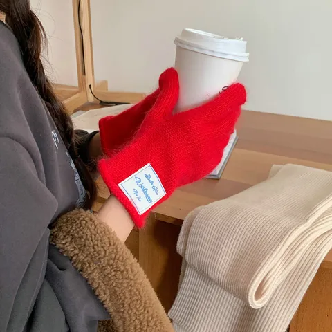 Gants Tricotés pour Femmes Mode Coréenne Écran Tactile Chaud Laine Angora Hiver Couleur Unie Cinq Doigts Gants Rallongés