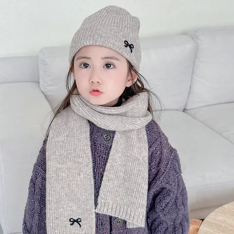 Children's Knitted Hat And Scarf Bow Embroidered Autumn Winter Warm Beanie And Scarf For Boys Girls Solid Color Soft Knit Wear