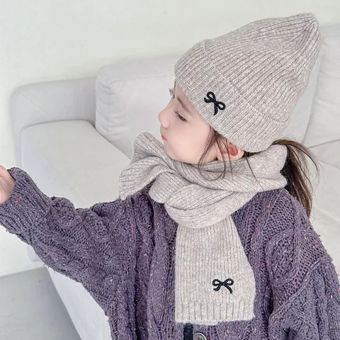 Children's Knitted Hat And Scarf Bow Embroidered Autumn Winter Warm Beanie And Scarf For Boys Girls Solid Color Soft Knit Wear