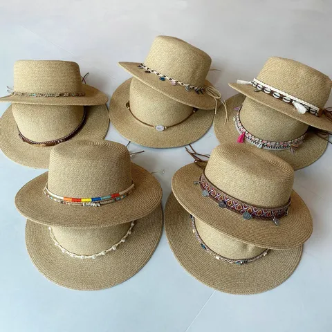 Damen Ethno Flacher Kopf Strohhut Breite Krempe Sonnenschutz Beschattung Strand Urlaub Handgewebt Panama Stil Fedora Für Sommer